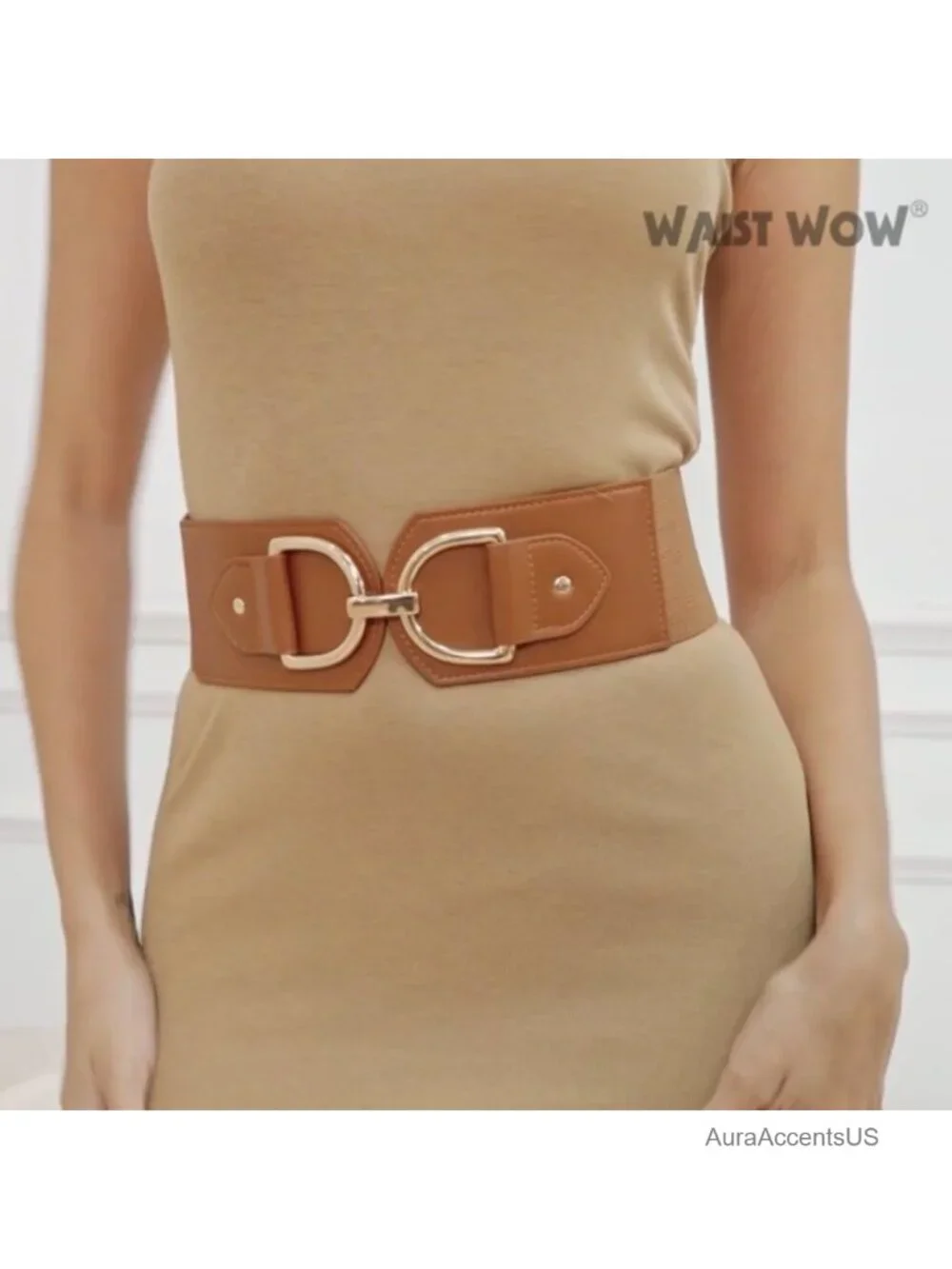 Faux Leather Wide Elastic Belt with Gold Buckle for Dresses